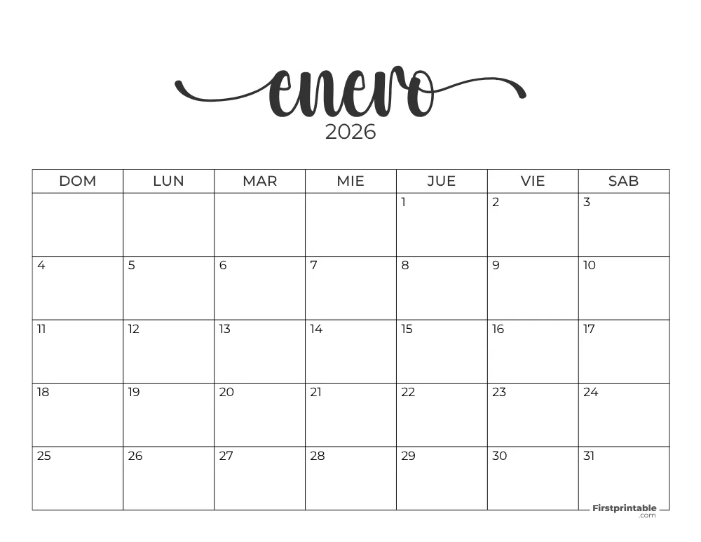 Spanish Printable January Calendar 2026 Template 43
