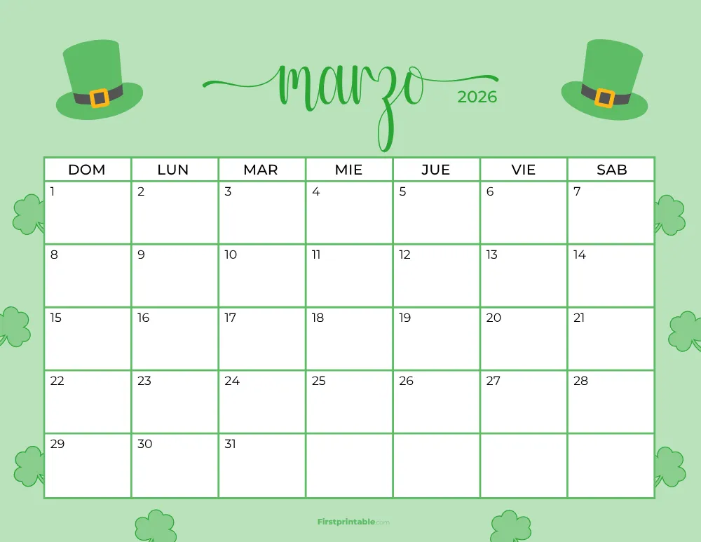 Spanish Printable March Calendar 2026 St Patrick's Day Template 37