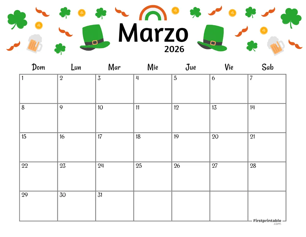 Spanish Printable March Calendar 2026 St Patrick's Day Template 39
