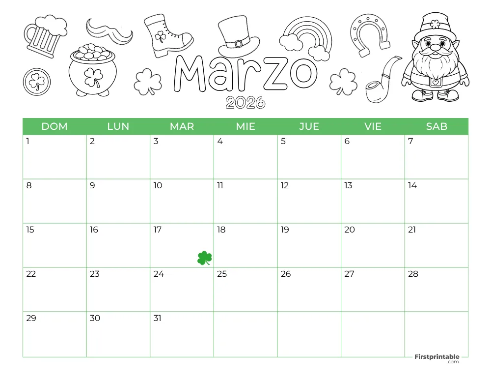 Spanish Printable March Calendar 2026 St Patrick's Day Template 40
