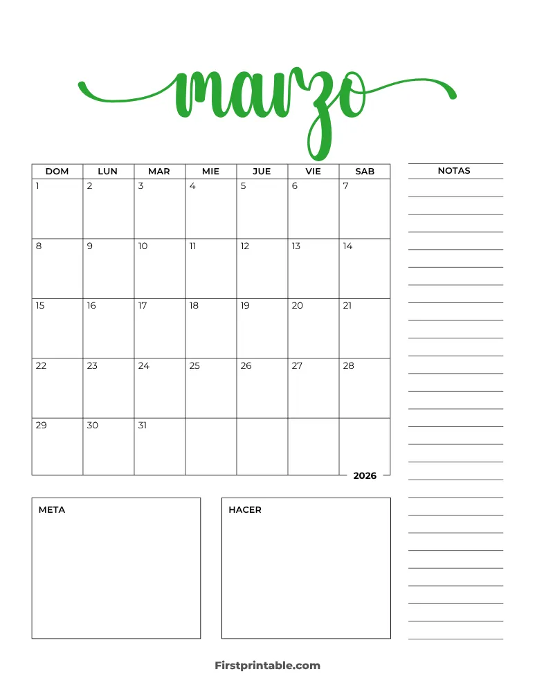 Spanish Printable March Calendar 2026 Template 29