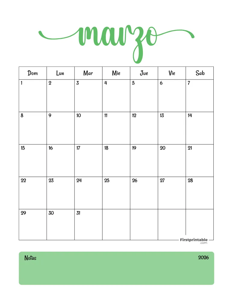 Spanish Printable March Calendar 2026 Template 31