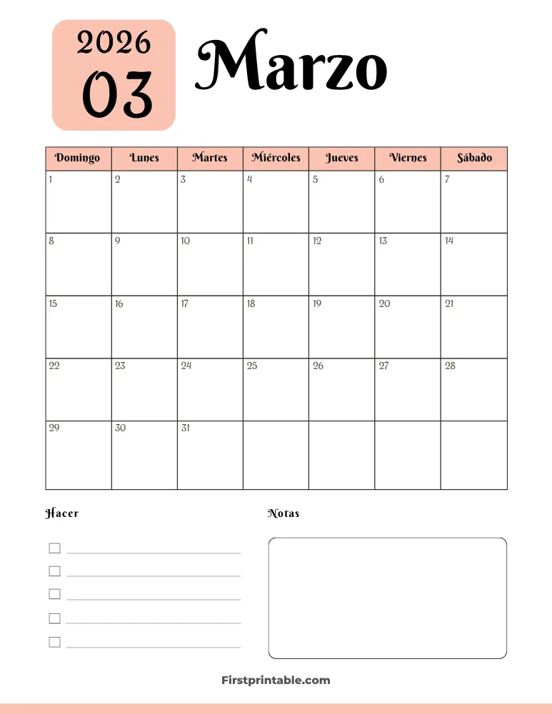 Spanish Printable March Calendar 2026 Template 34