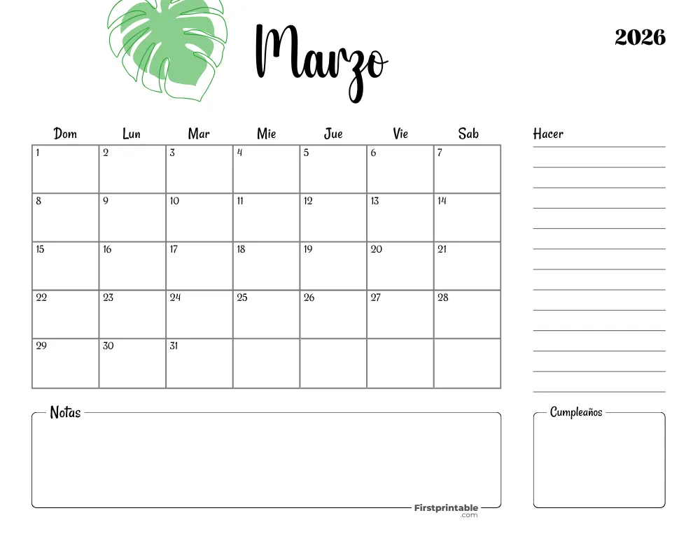 Spanish Printable March Calendar 2026 Template 35