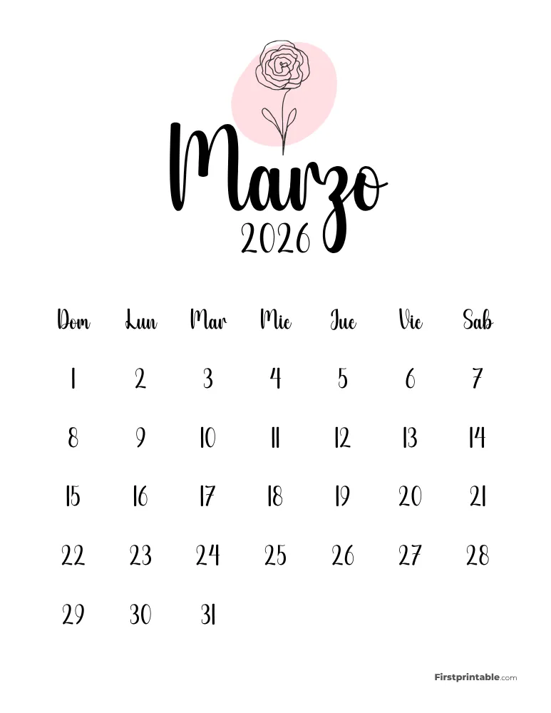 Spanish Printable March Calendar 2026 Template 48