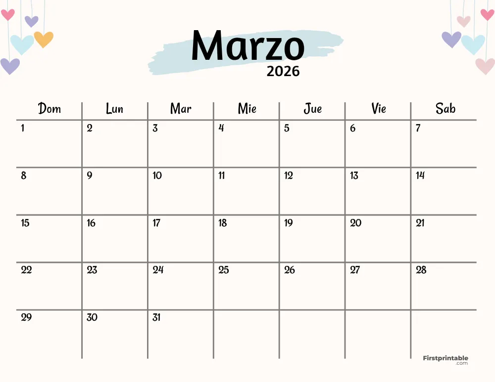 Spanish Printable March Calendar 2026 Template 42