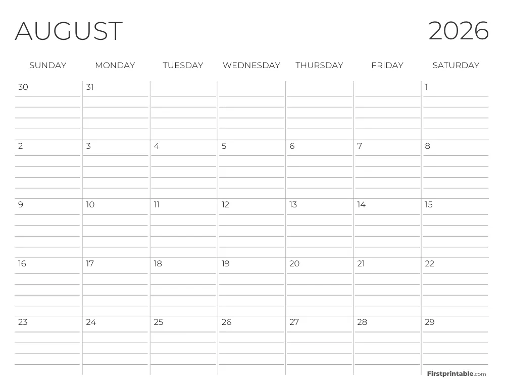 August 2026 Calendar with lines