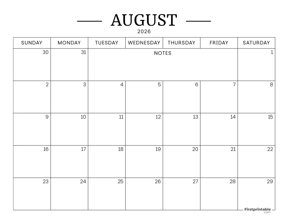 August Calendar 2026 Printable
