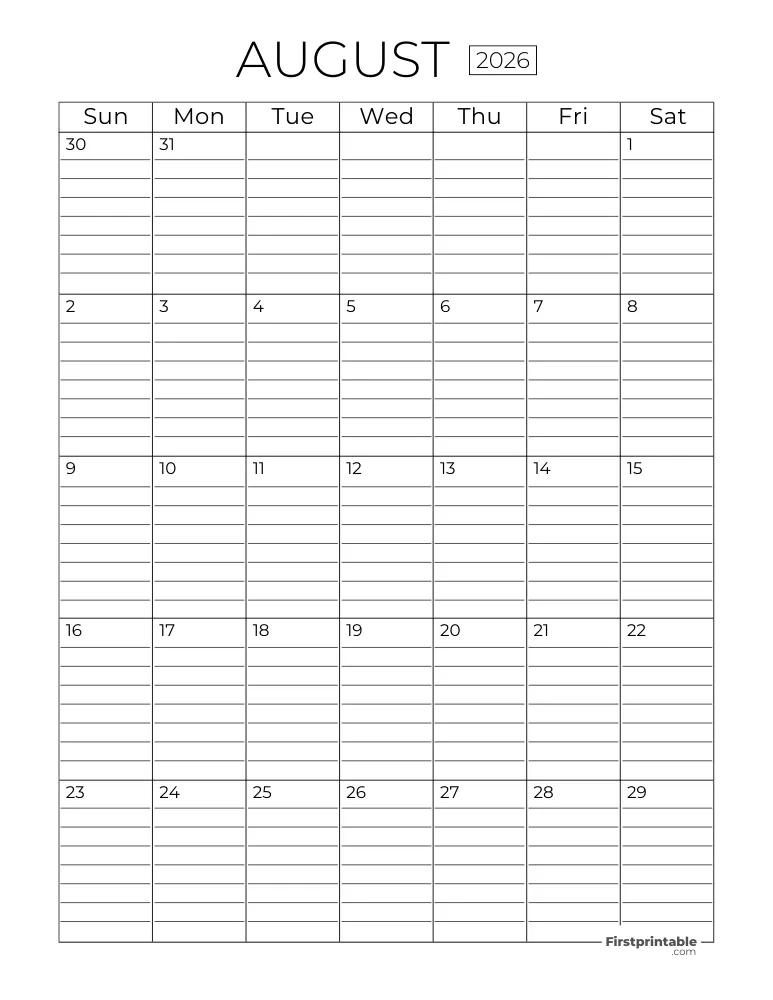 August Calendar 2026 with Lines