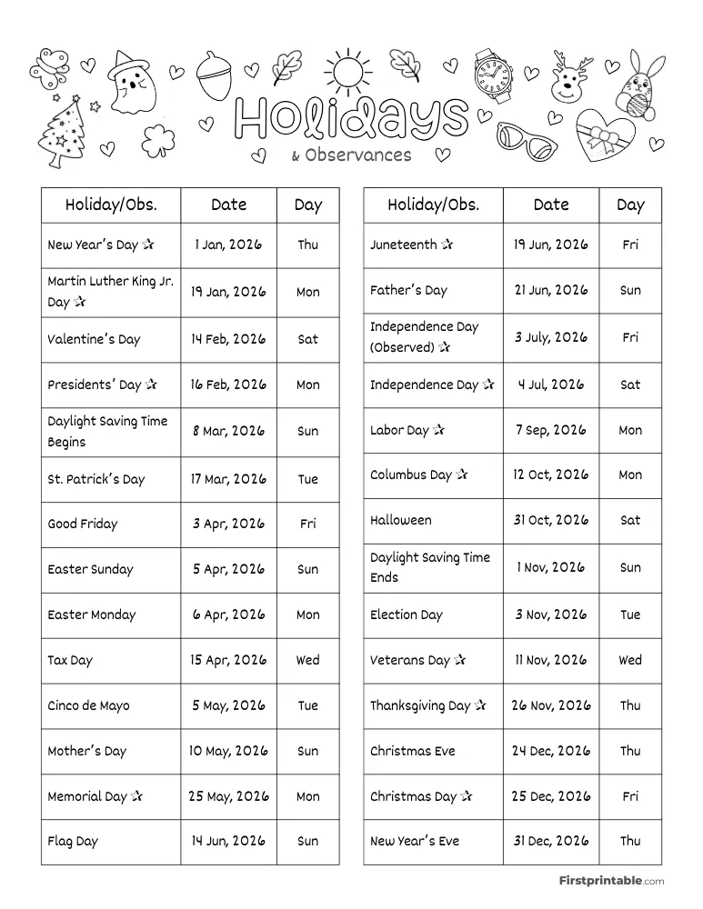 Complete List of US Holidays 2026 Template 02