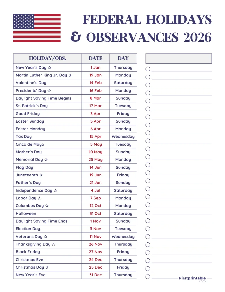 Complete List of US Holidays 2026 Template 03