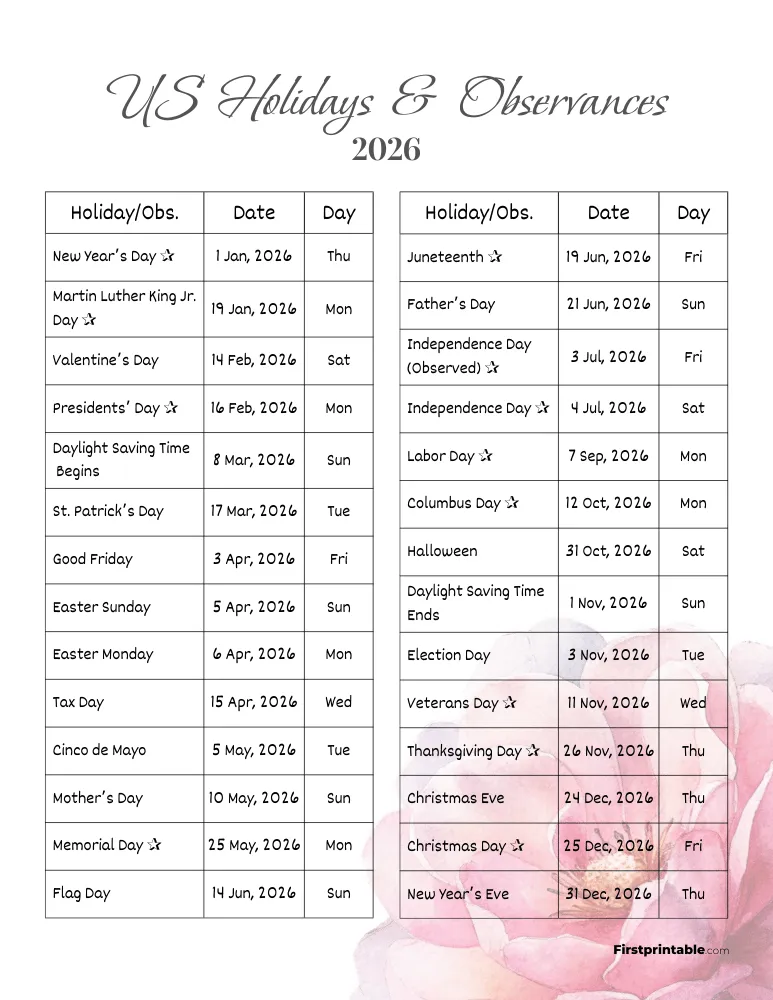 Complete List of US Holidays 2026 Template 04