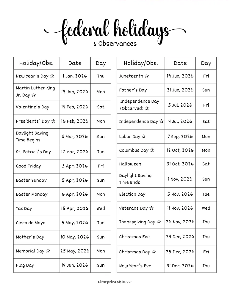 Complete List of US Holidays 2026 Template 05