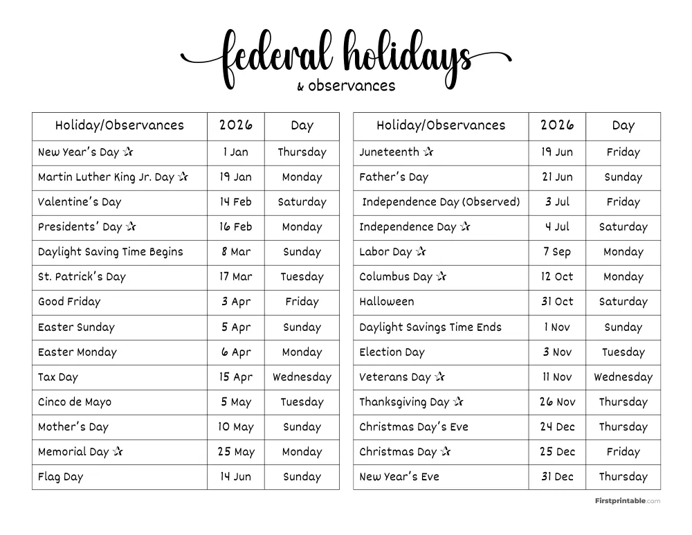 Complete List of US Holidays 2026 Template 06