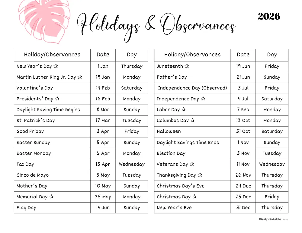 Complete List of US Holidays 2026 Template 07