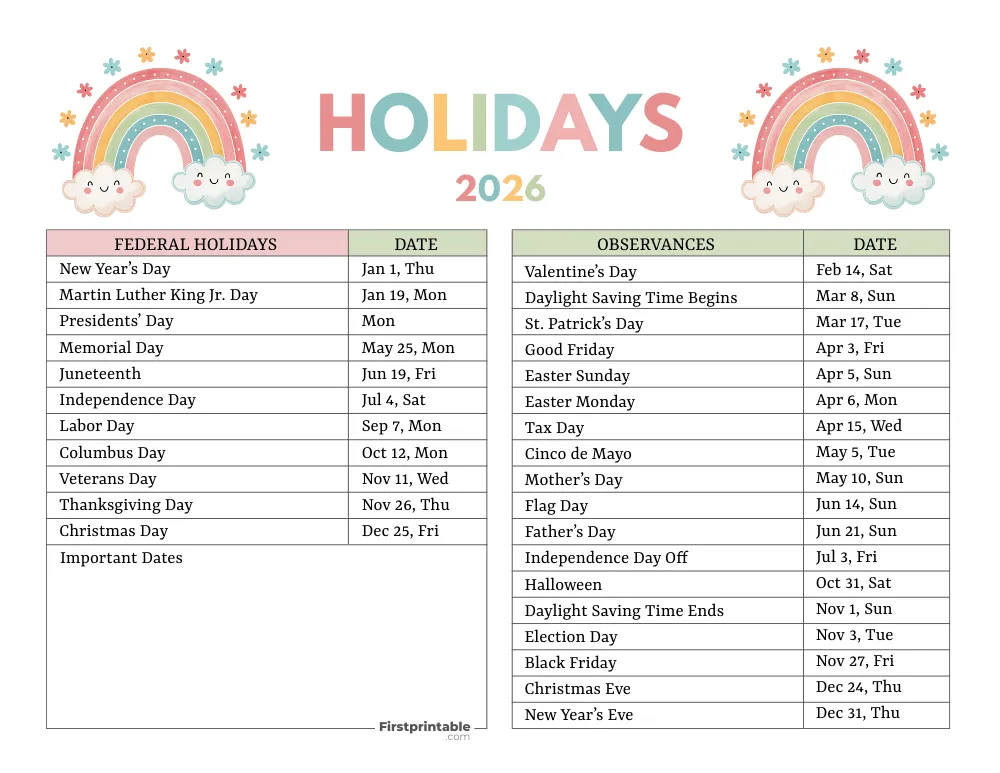 Complete List of US Holidays 2026 Template 08