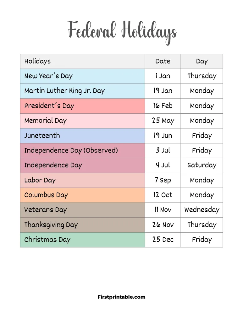Federal Holidays 2026 Template 01