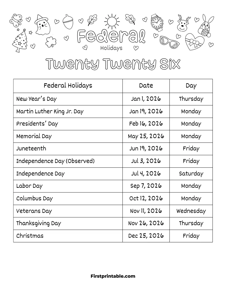Federal Holidays 2026 Template 02