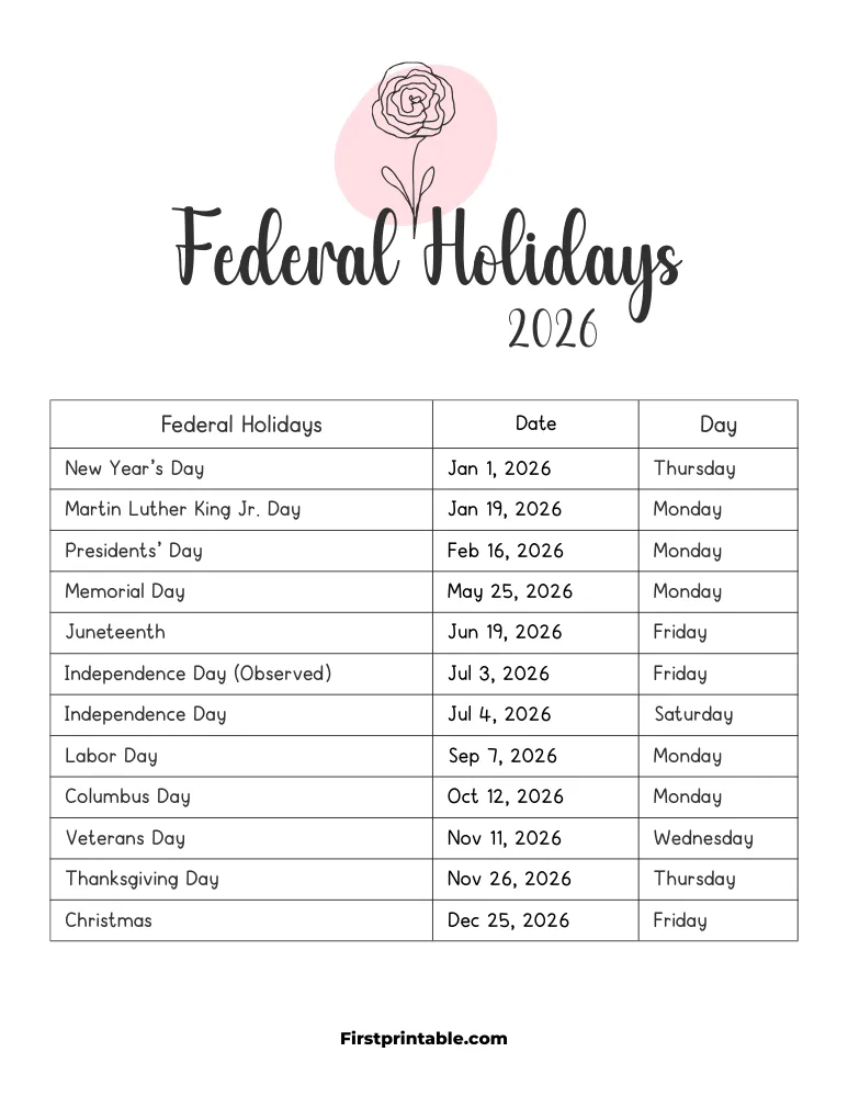 Federal Holidays 2026 Template 03