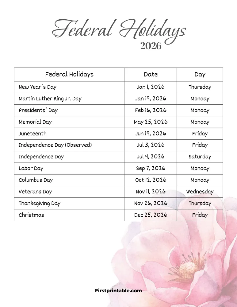Federal Holidays 2026 Template 04