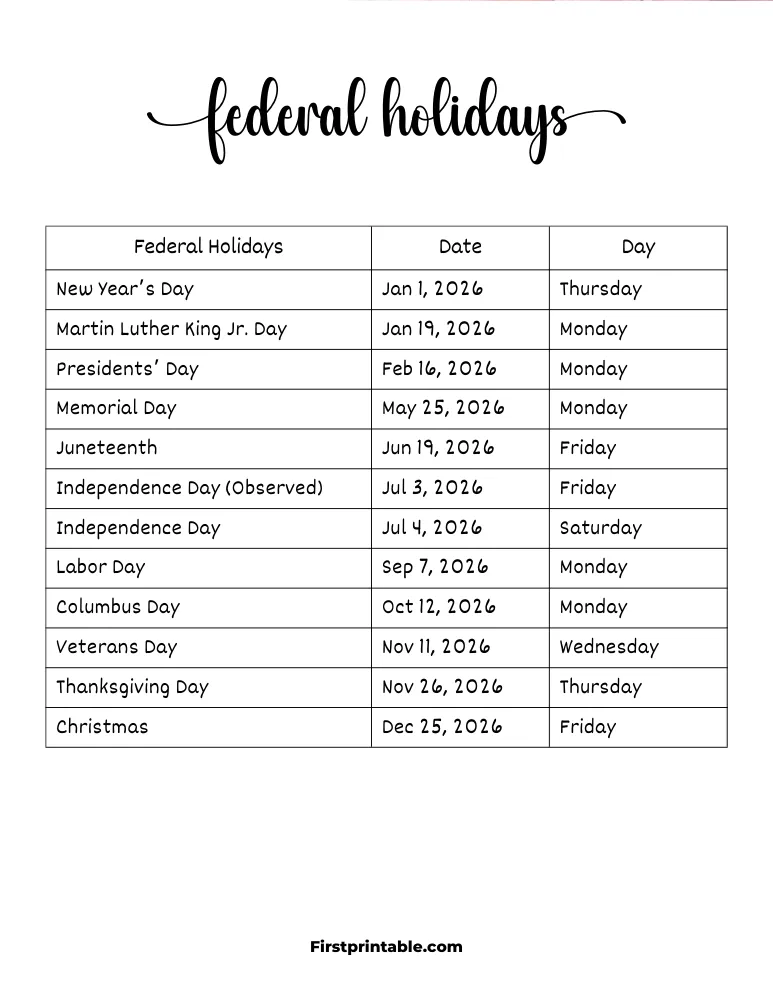 Federal Holidays 2026 Template 05
