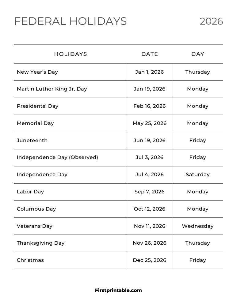 Federal Holidays 2026 Template 06