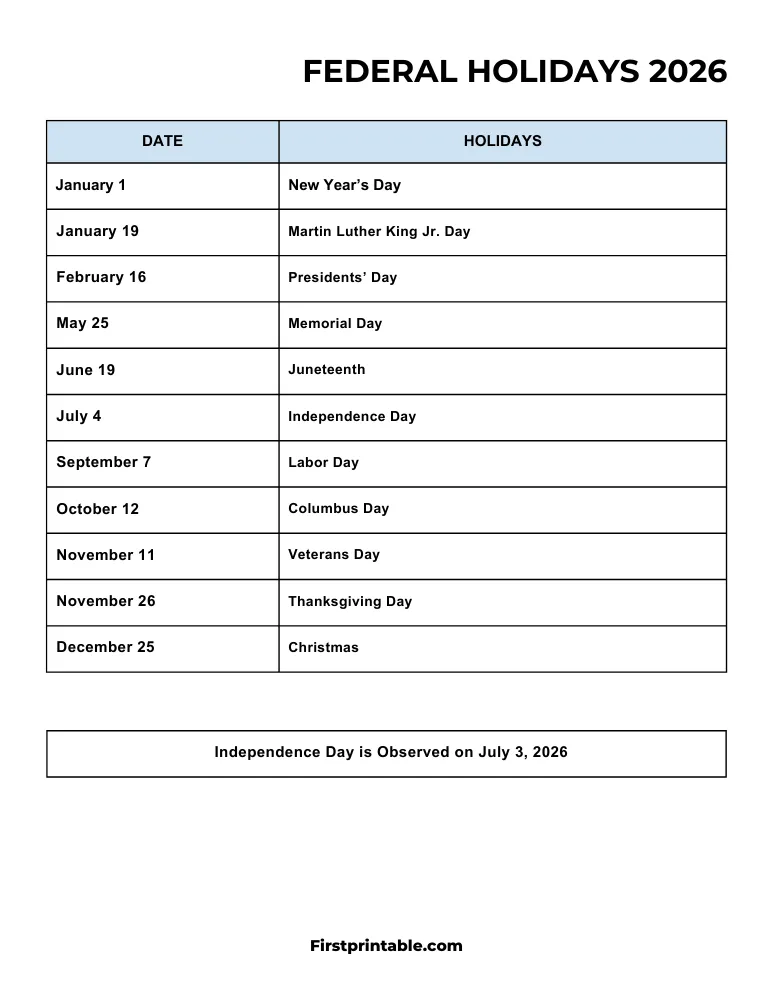 Federal Holidays 2026 Template 07