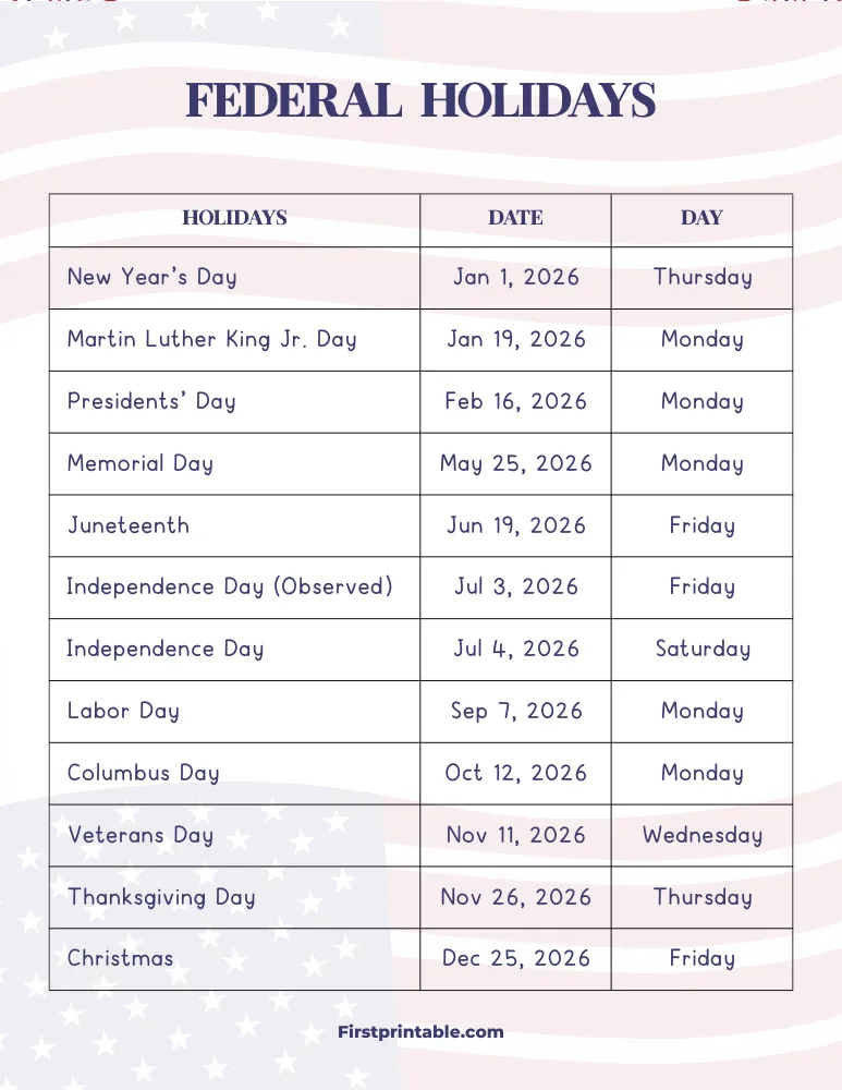 Federal Holidays 2026 Template 09
