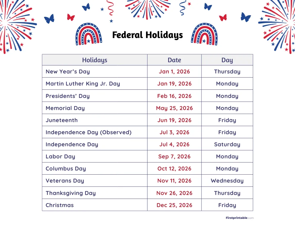 Federal Holidays 2026 Template 10