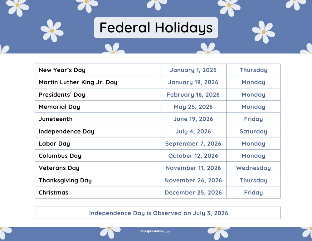 Federal Holidays 2026 Template 11