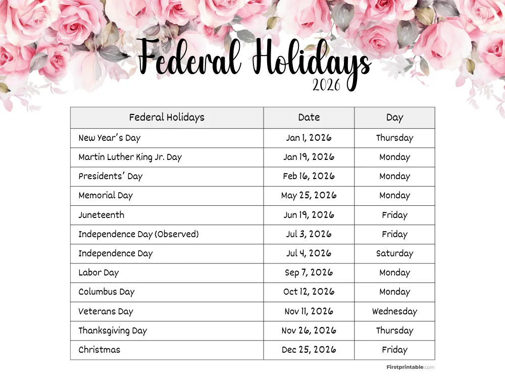 Federal Holidays 2026 Template 12