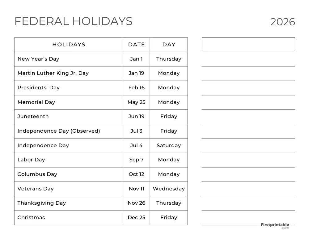 Federal Holidays 2026 Template 13