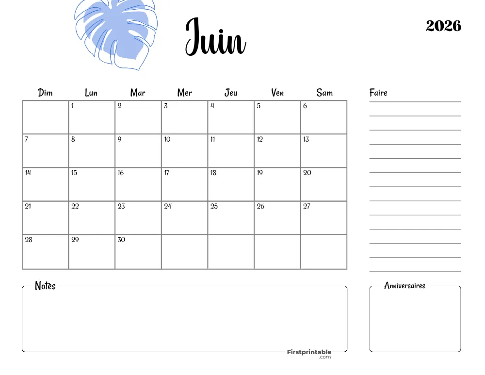 French Printable June Calendar 2026 Template 45