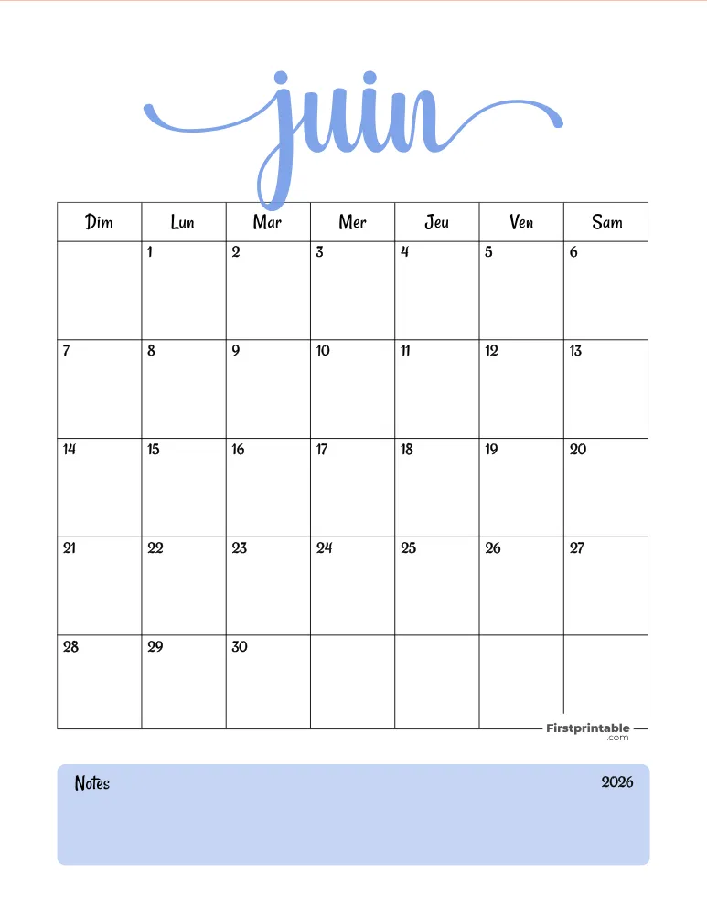 French Printable June Calendar 2026 Template 46