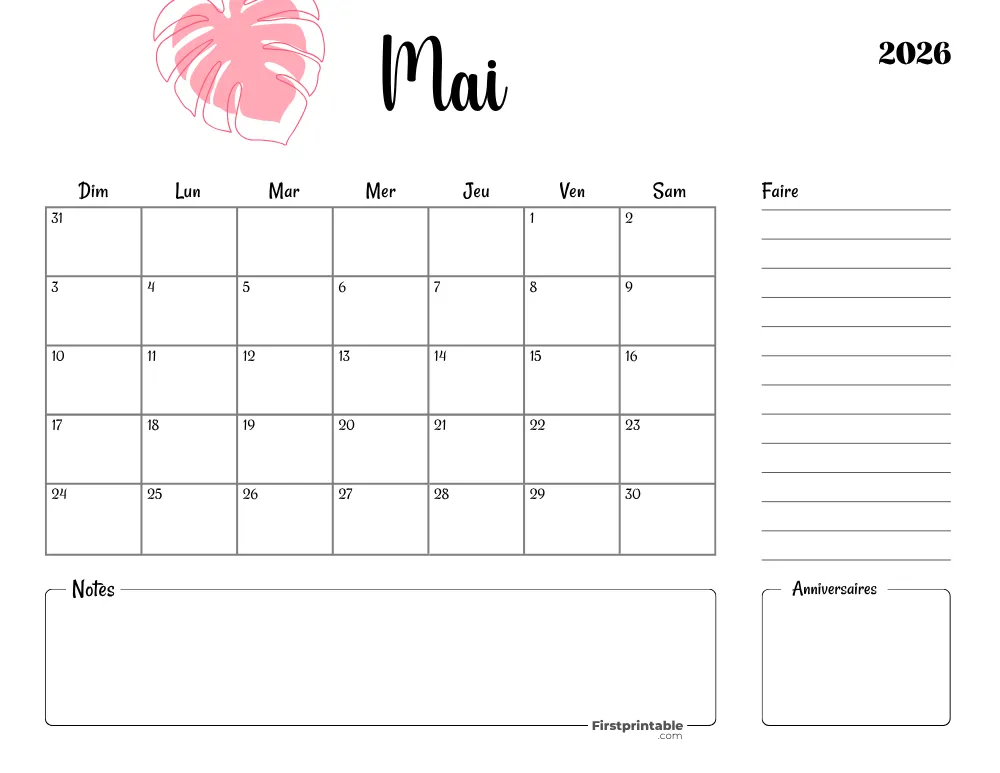 French Printable May Calendar 2026 Template 45