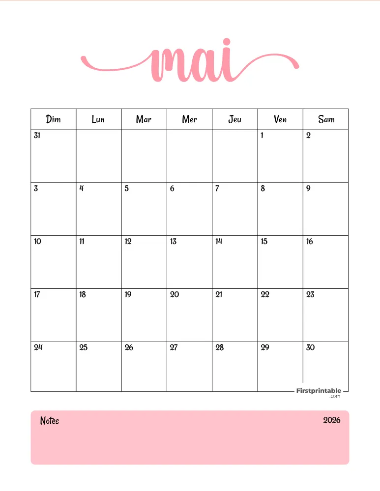 French Printable May Calendar 2026 Template 46