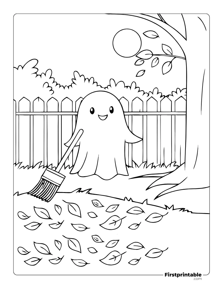 Ghost with Rake Coloring Page