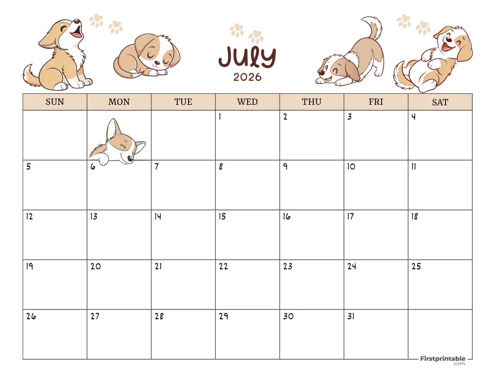 July 2026 Calendar Dog Themed 01