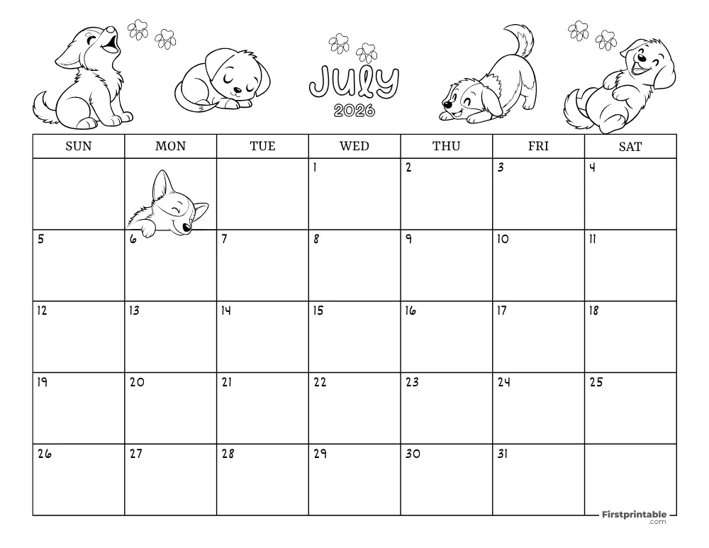 July 2026 Calendar Dog Themed 02