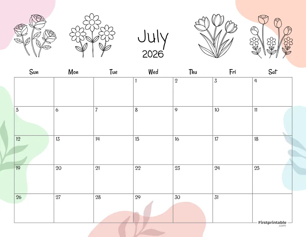 July 2026 Calendar Floral