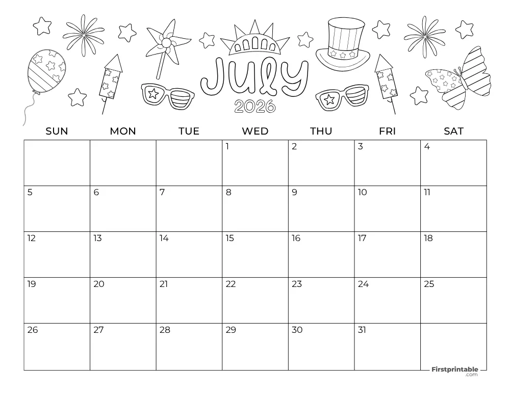 July 2026 Calendar Fourth of July Themed
