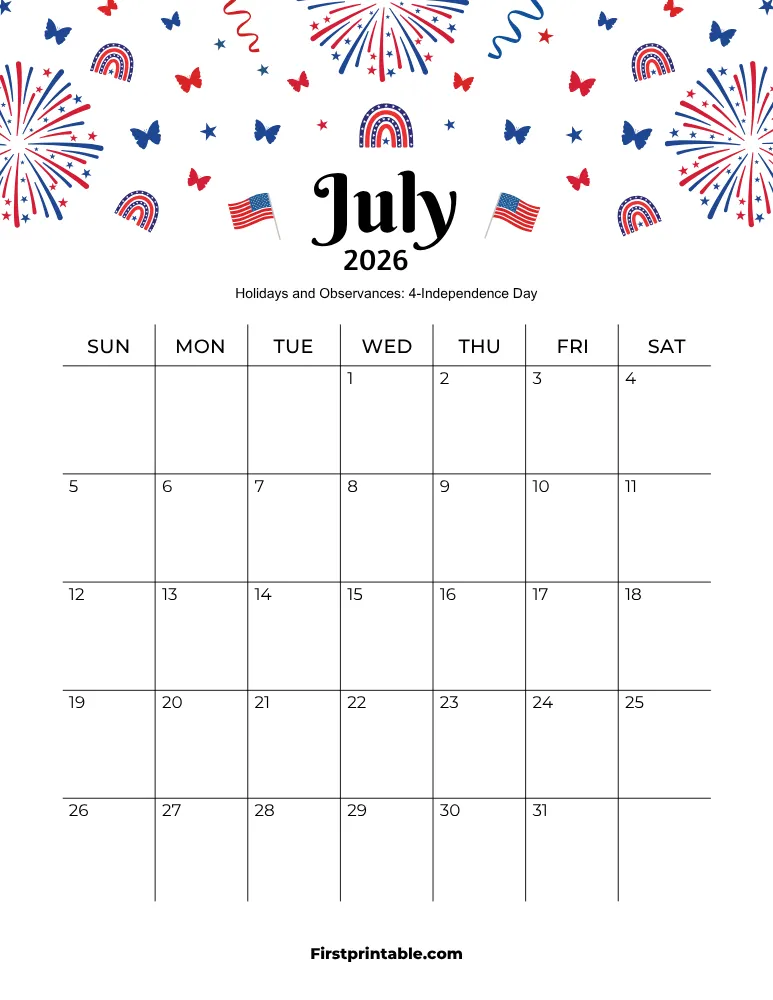 July 2026 Calendar Independence Day Theme