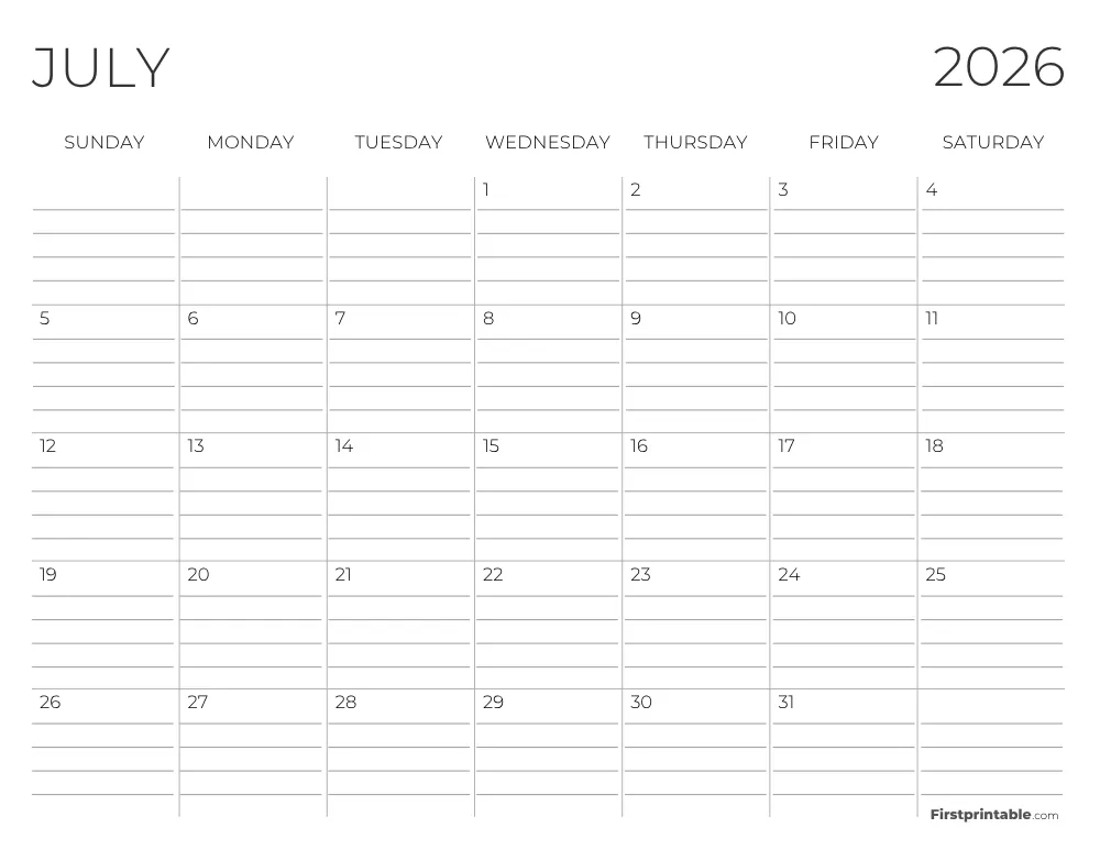 July 2026 Calendar with lines