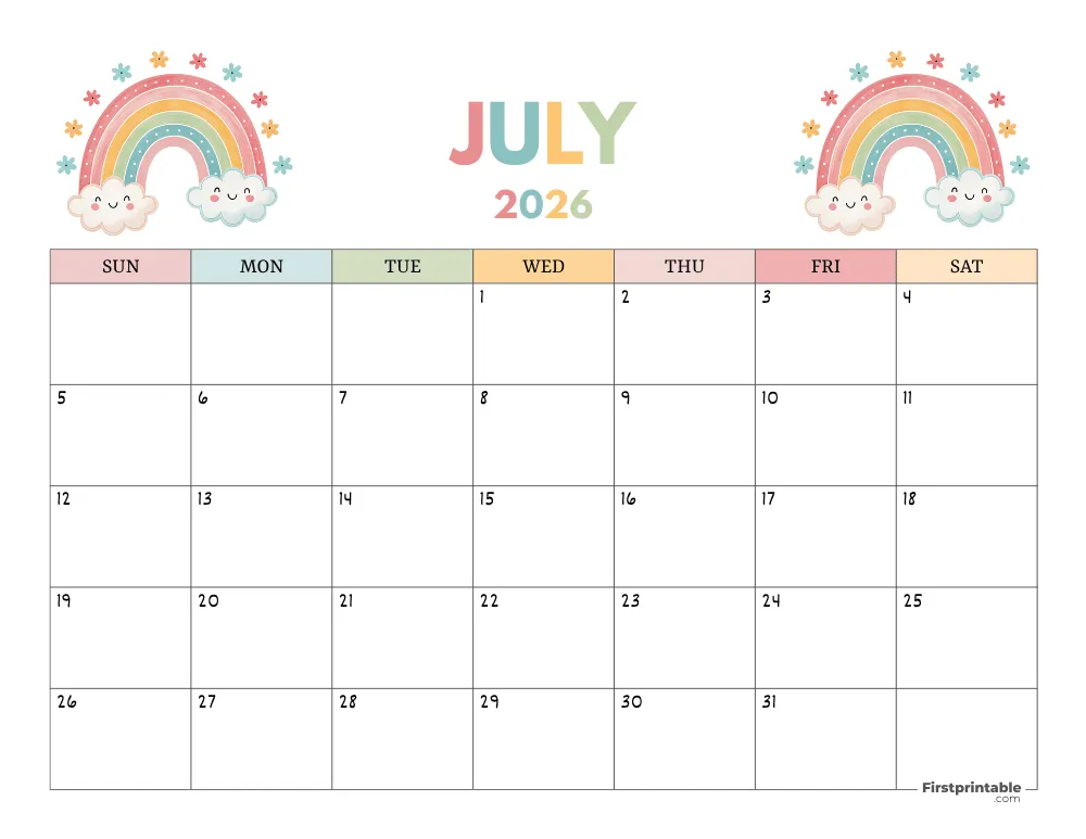 July 2026 Free Calendar