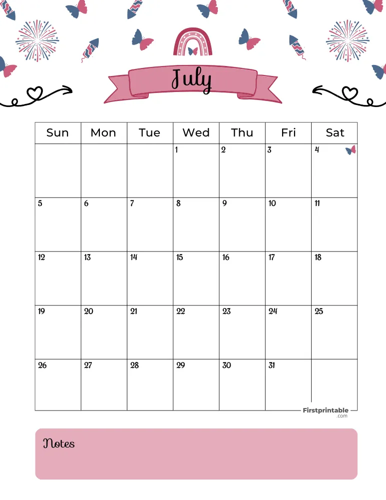 July Calendar 2026 Fourth Of July Template 01