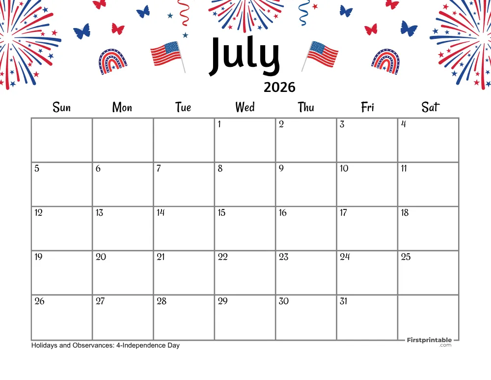 July Calendar 2026 - Fourth of July