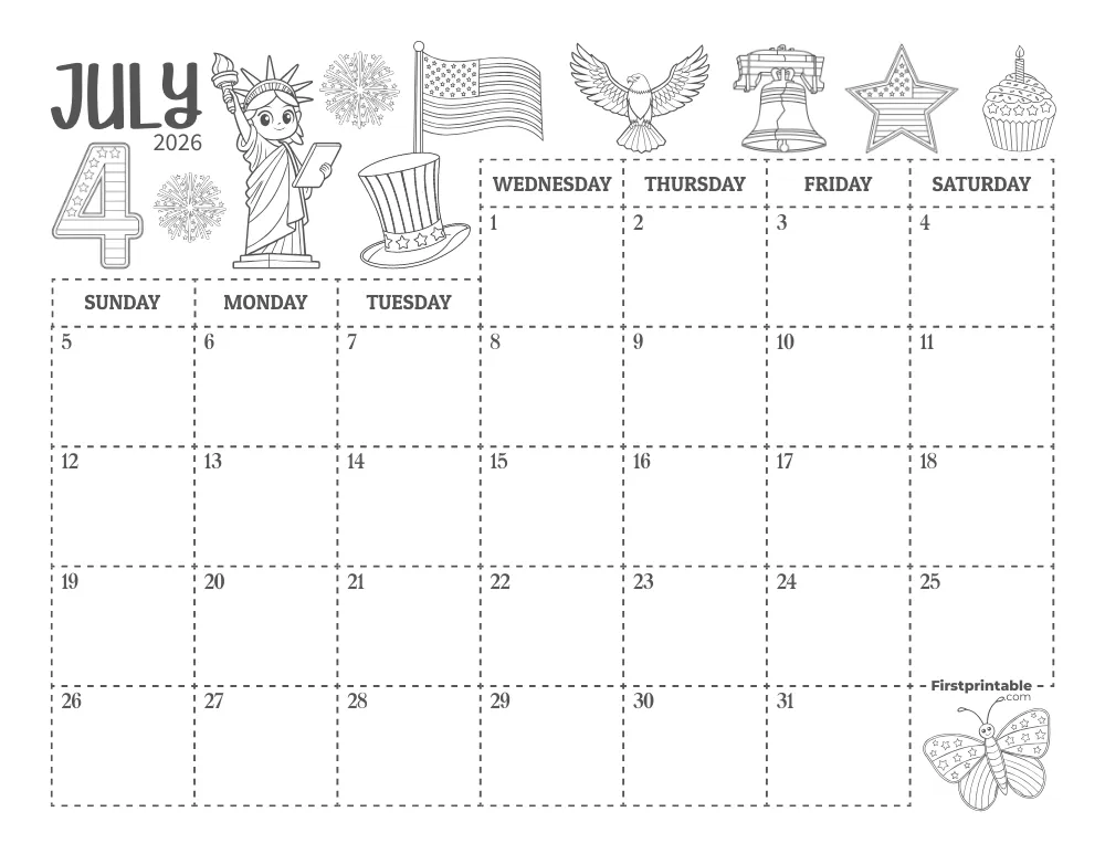 July Calendar 2026 Independence Day Themed 01