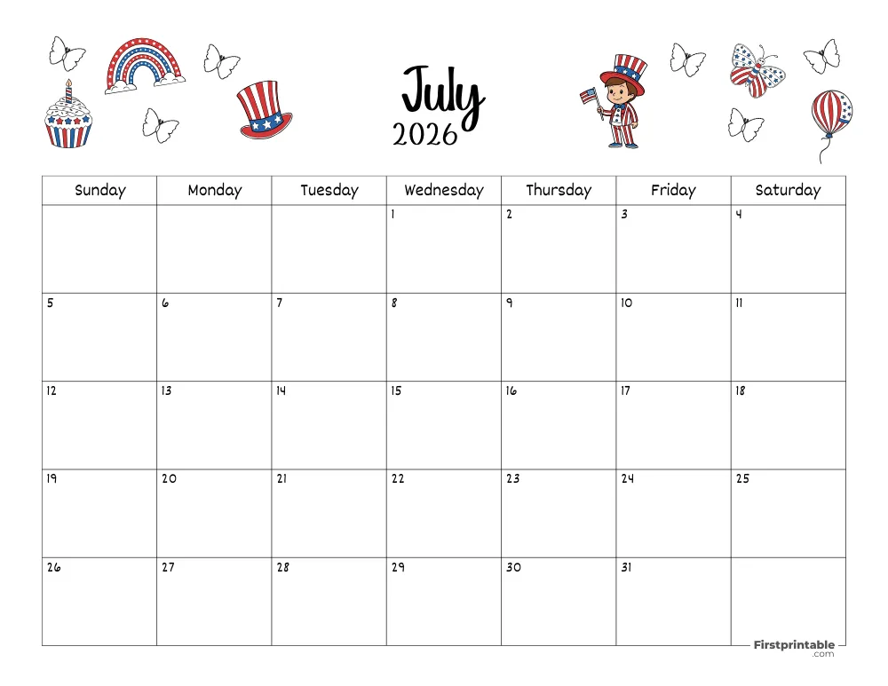 July Calendar 2026 Independence Day Themed 02