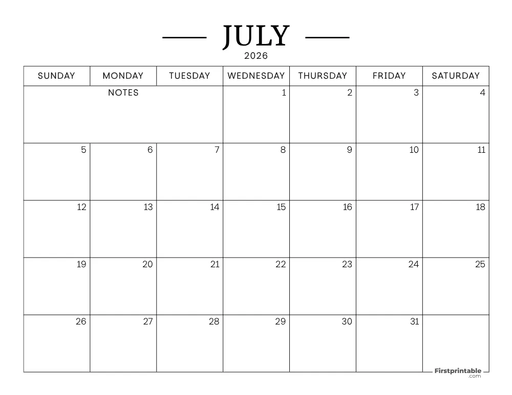July Calendar 2026 Printable