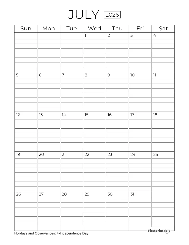July Calendar 2026 with Lines
